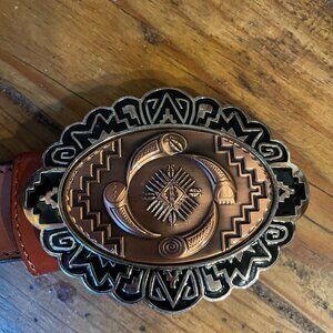 Copper Silver Black Belt Buckle Brown Leather Southwestern Native American 44 in
